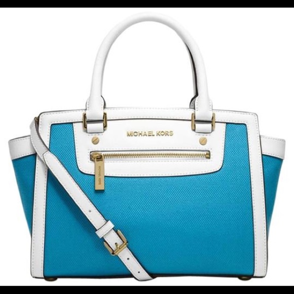 Selma Top Zip Blue White/Canvas/Leather Satchel